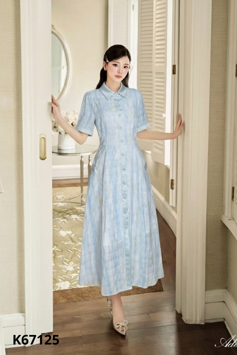 Váy xanh cúc ngọc họa tiết loang