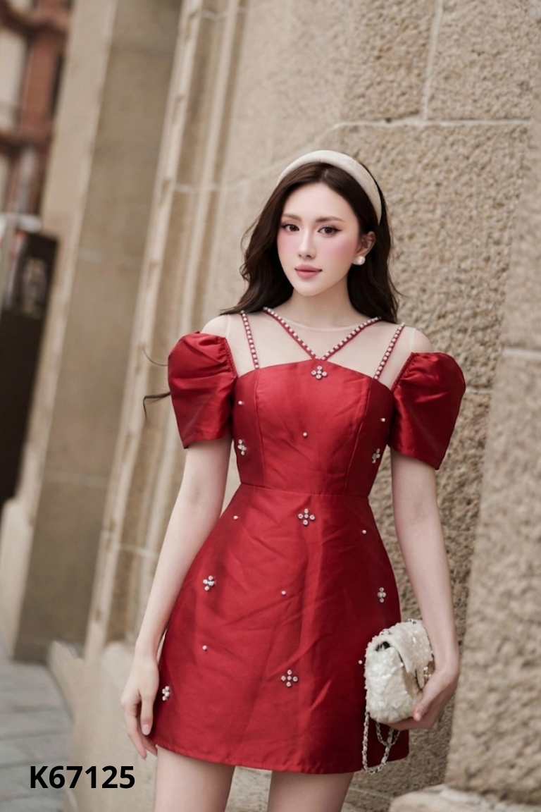 NEWTAG Váy đỏ họa tiết đính đá ngọc