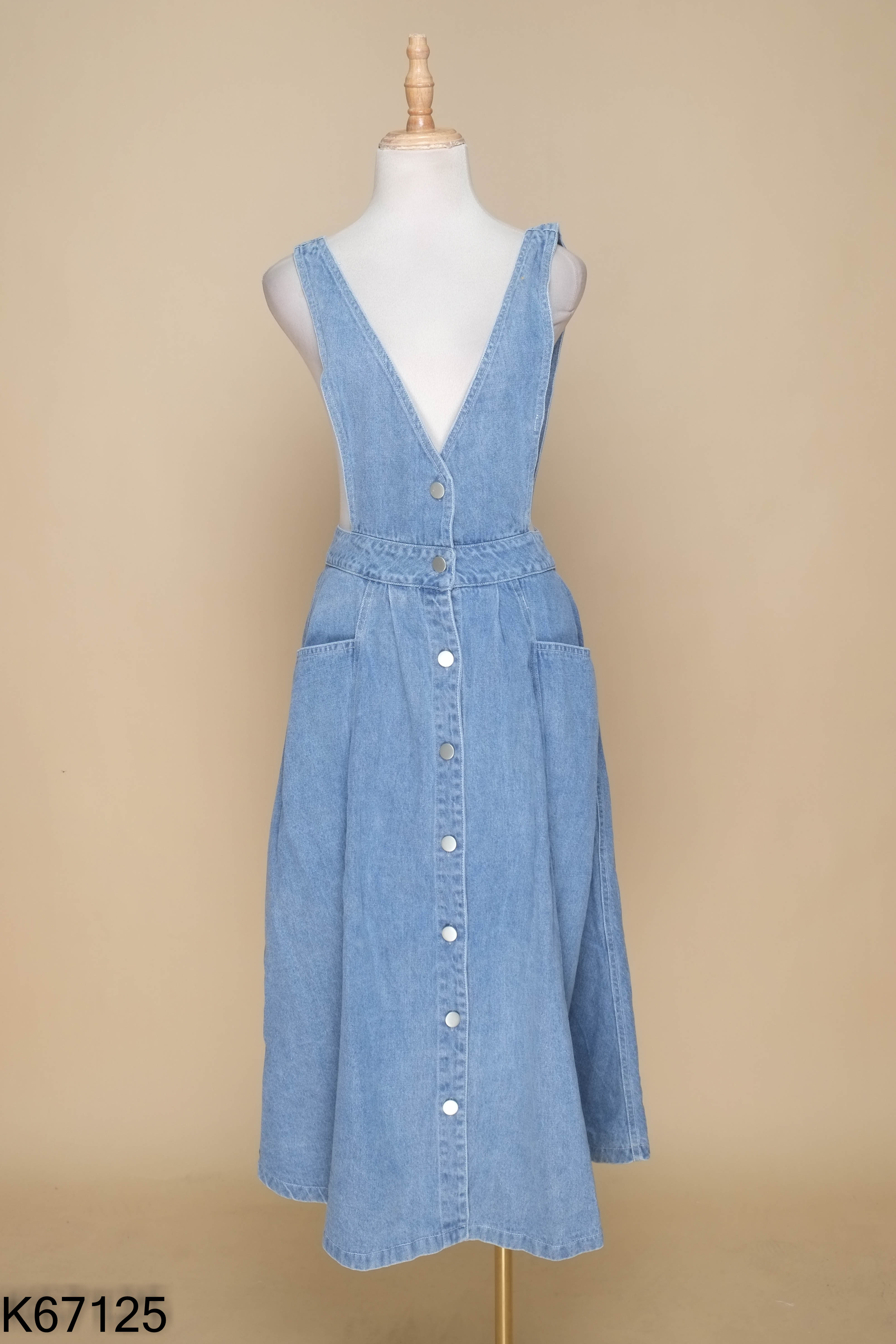 Jumpsuit jeans xanh phối cúc