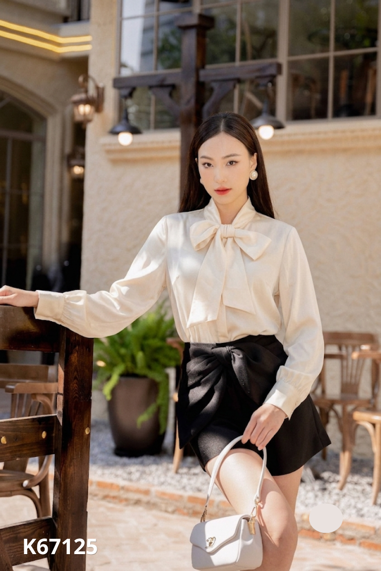 Áo sơ mi lụa be phối dây nơ