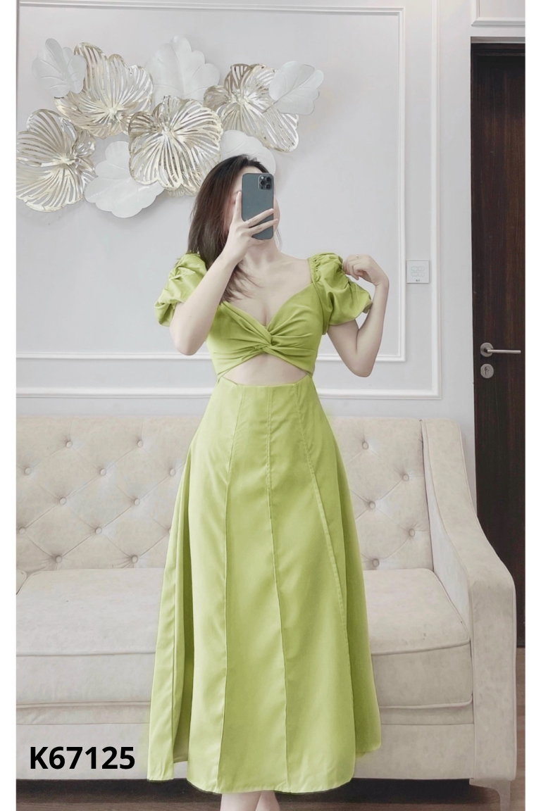 NEWTAG Váy xanh xoắn ngực tay phồng