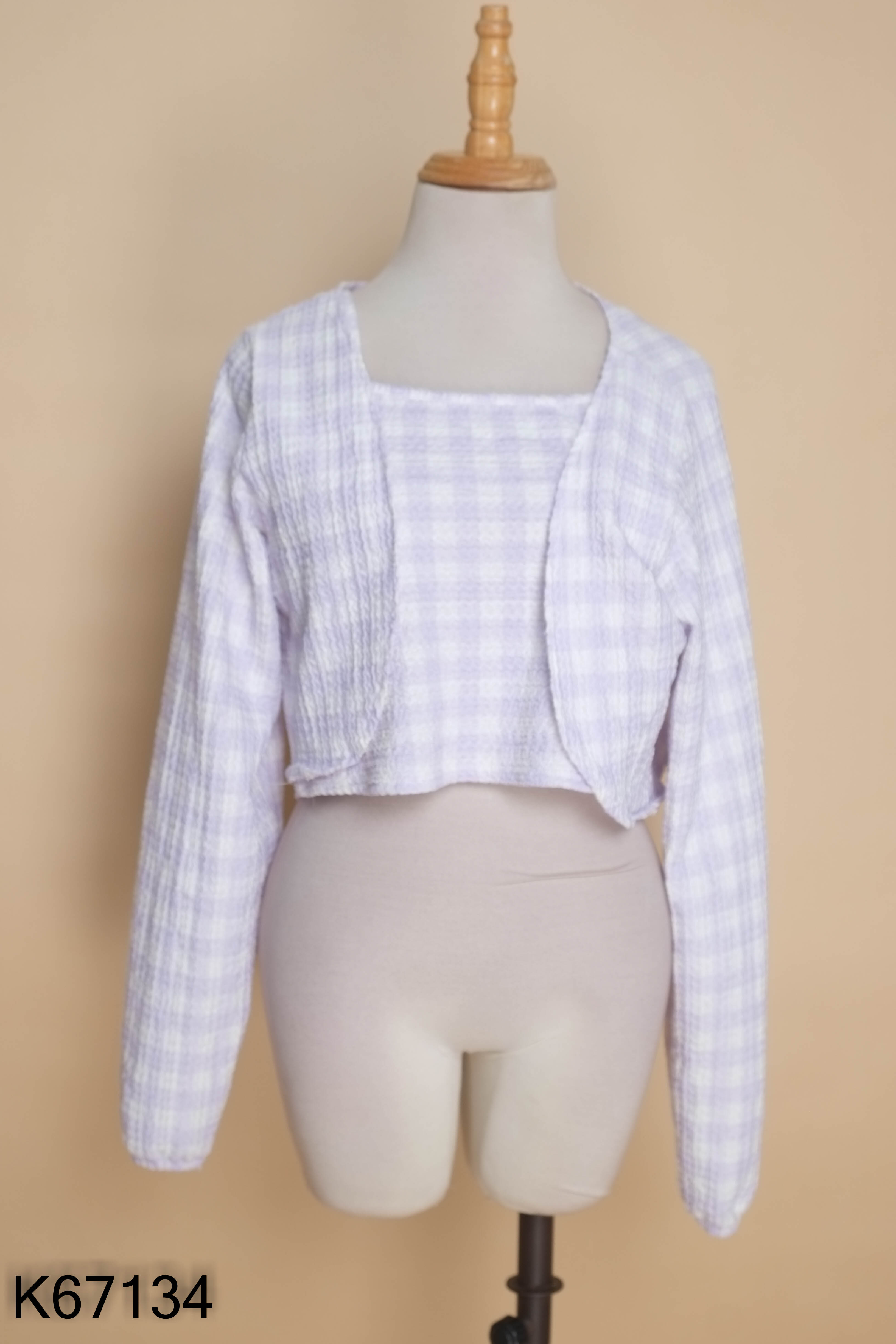 SET áo 2 dây+ cardigan tím kẻ caro