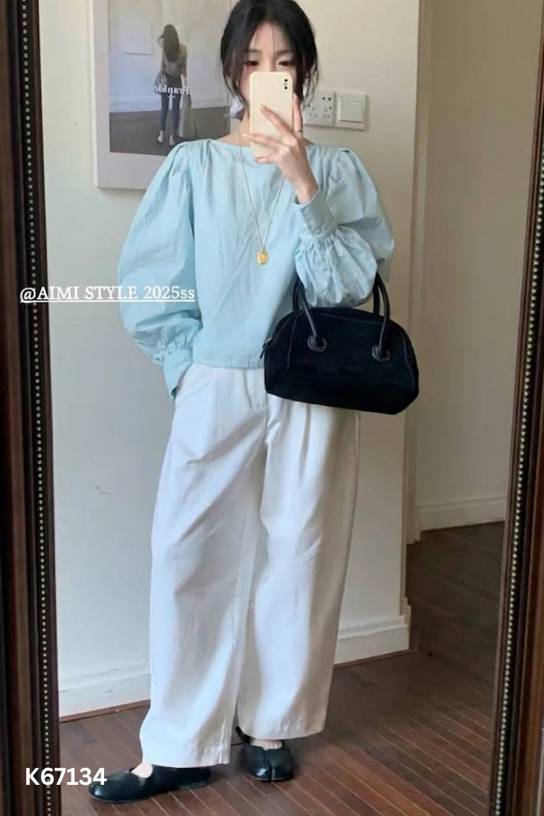 Áo sơ mi xanh cổ tròn khóa kéo