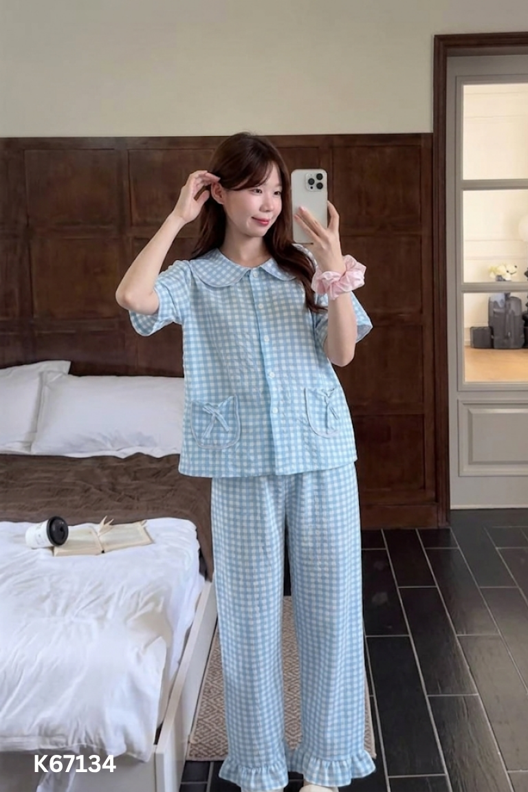 SET áo ngủ xanh kẻ+ quần dài