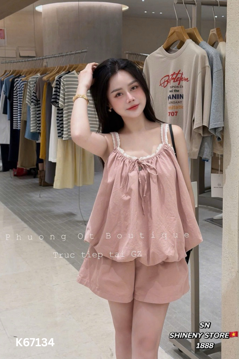 SET áo dây hồng ren trắng+quần