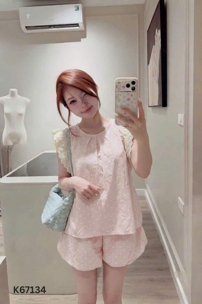 SET áo ngủ hồng chấm bi+ quần
