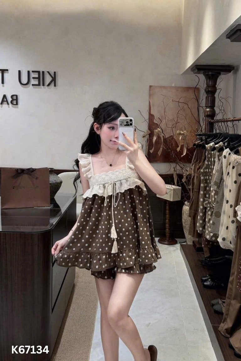 SET áo ngủ nâu chấm bi+ quần