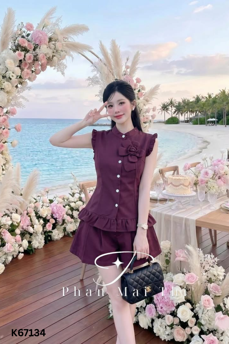 NEWTAG Set Áo jeans đỏ gile + Quần shorts jeans đỏ