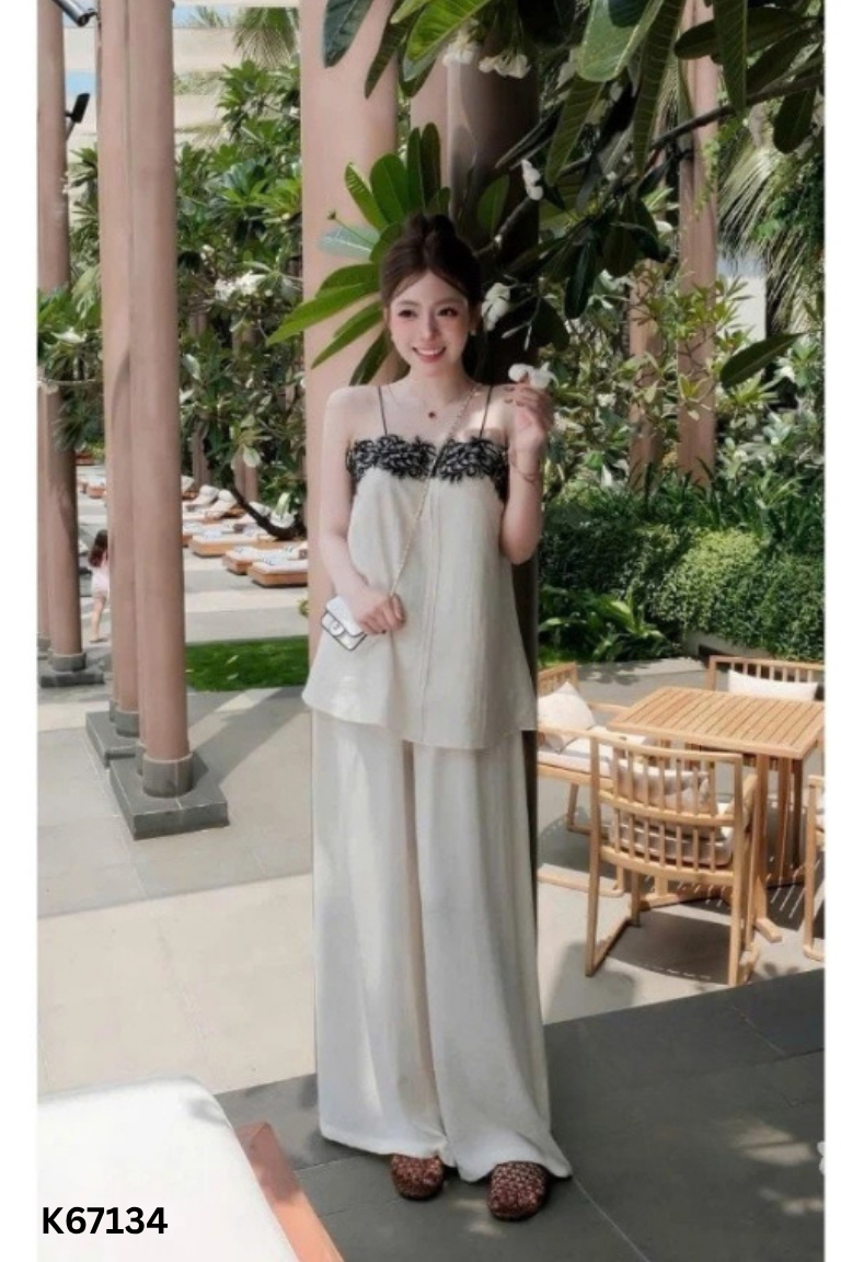 NEWTAG SET Áo trắng dây phối ren + Quần dài trắng