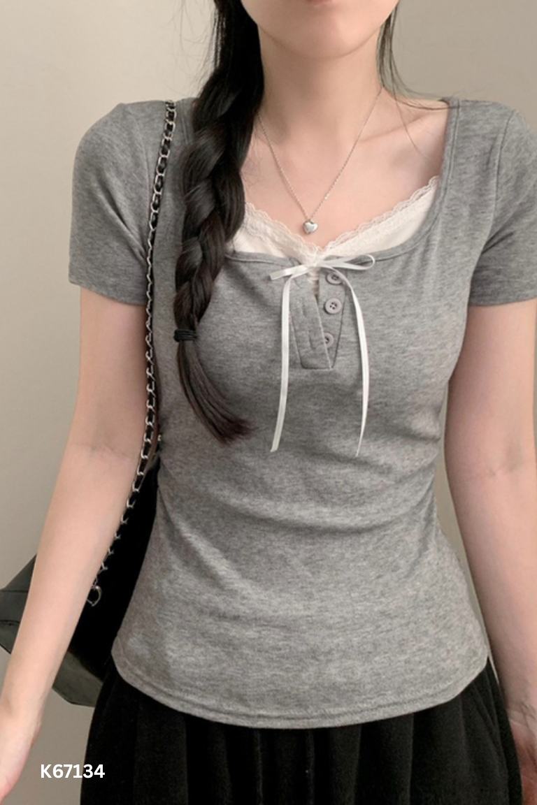 Áo ghi viền ren rúm eo