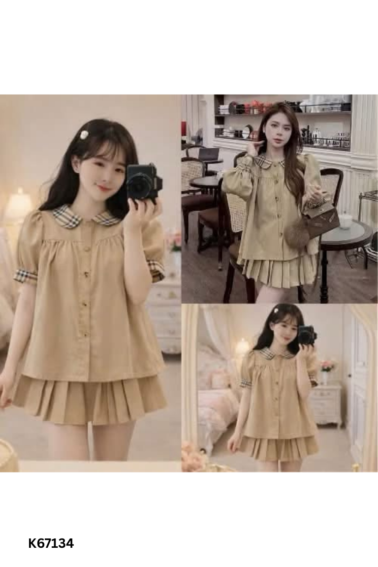 SET Áo be baby doll kẻ caro + Chân váy be trơn