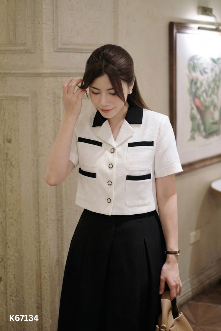 NEWTAG áo blazer trắng cổ đen