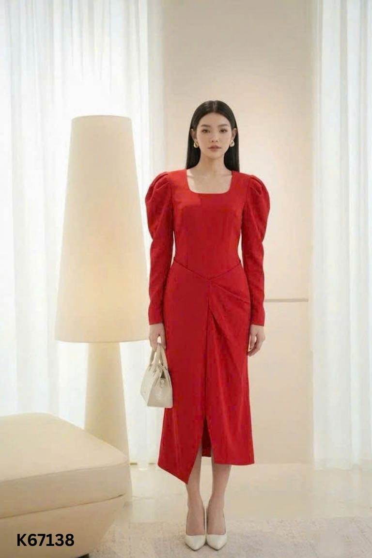 NEWTAG Váy đỏ cổ tròn dài tay