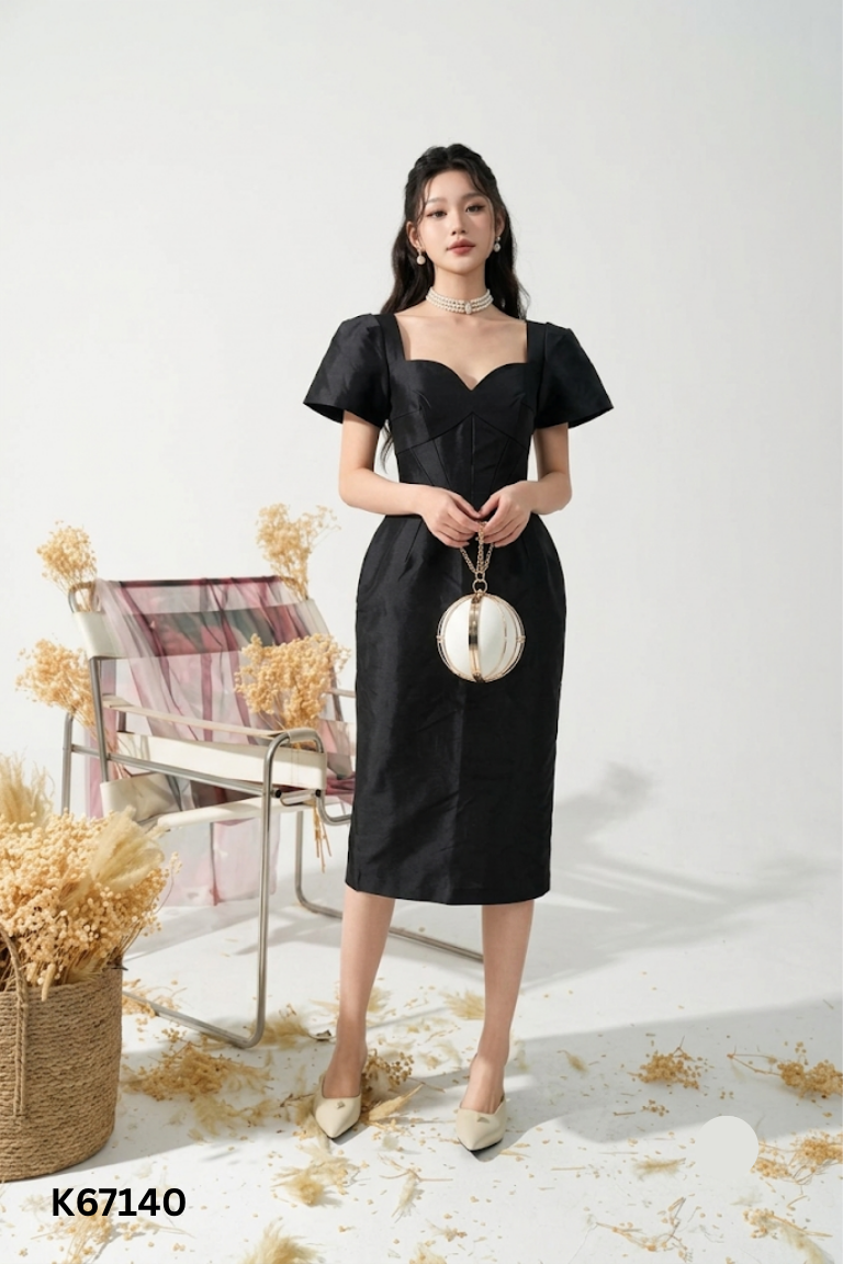 Váy taffta đen cổ vuông