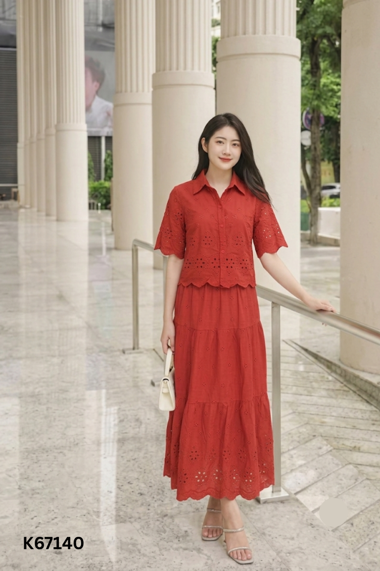 SET Áo tay lỡ + chân váy đỏ lỗ