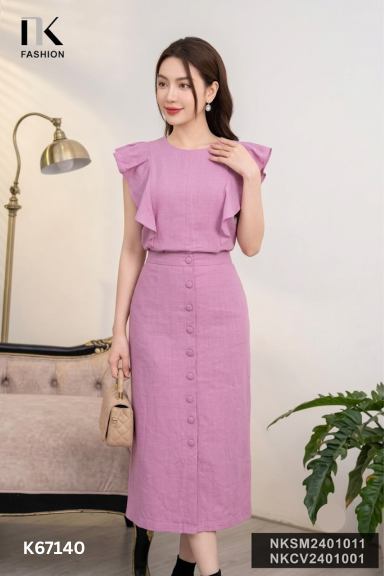 SET Áo sát nách tím bèo + chân váy khuy bọc