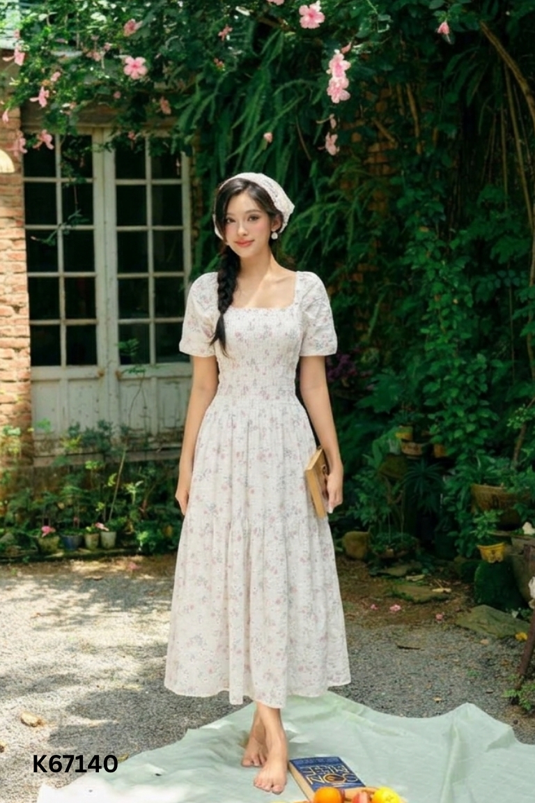 Váy be chun cổ vuông