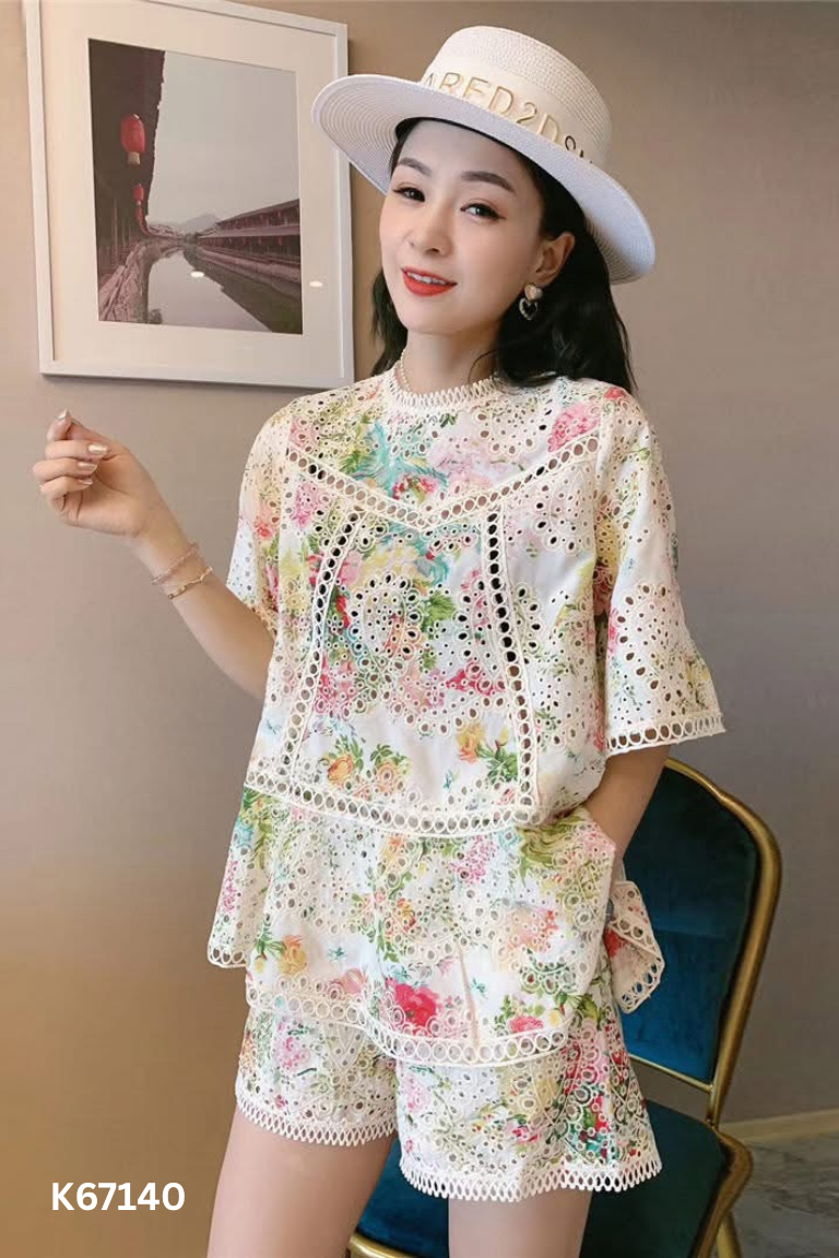 Set xanh hoa viền ren+quần