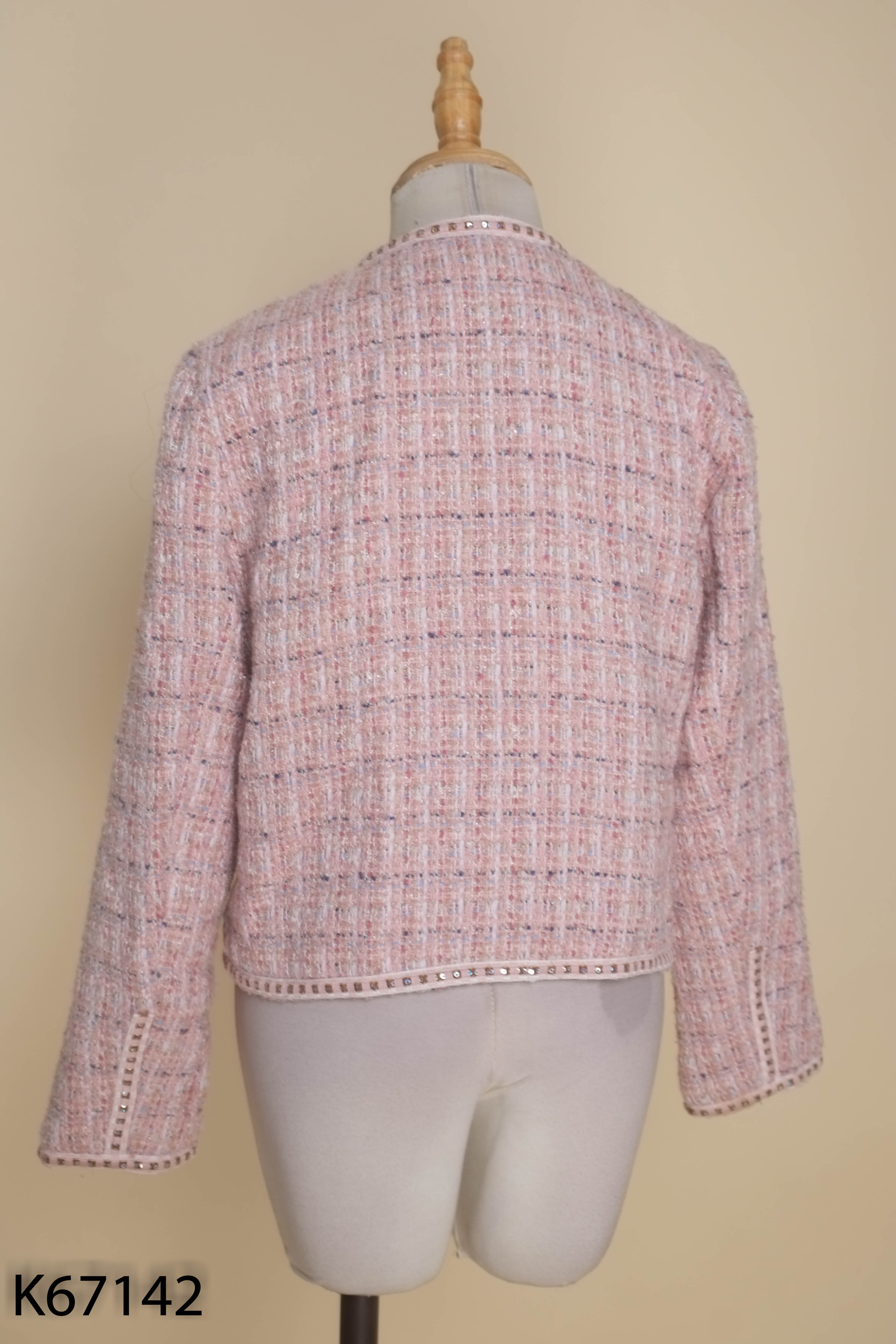 Áo tweed len hồng phối màu