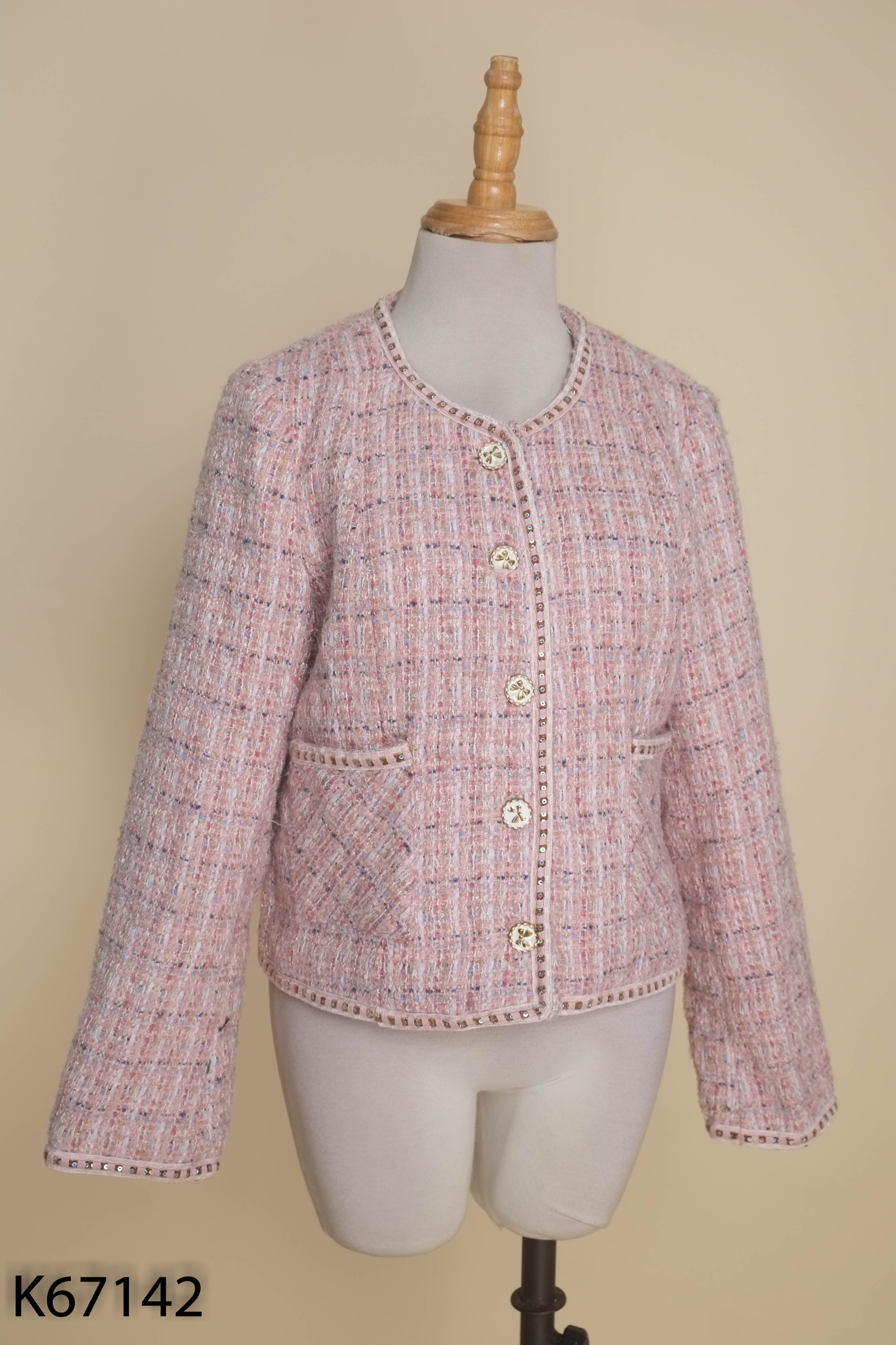 Áo tweed len hồng phối màu