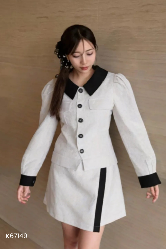 Set cardigan xám viền đen áo+váy