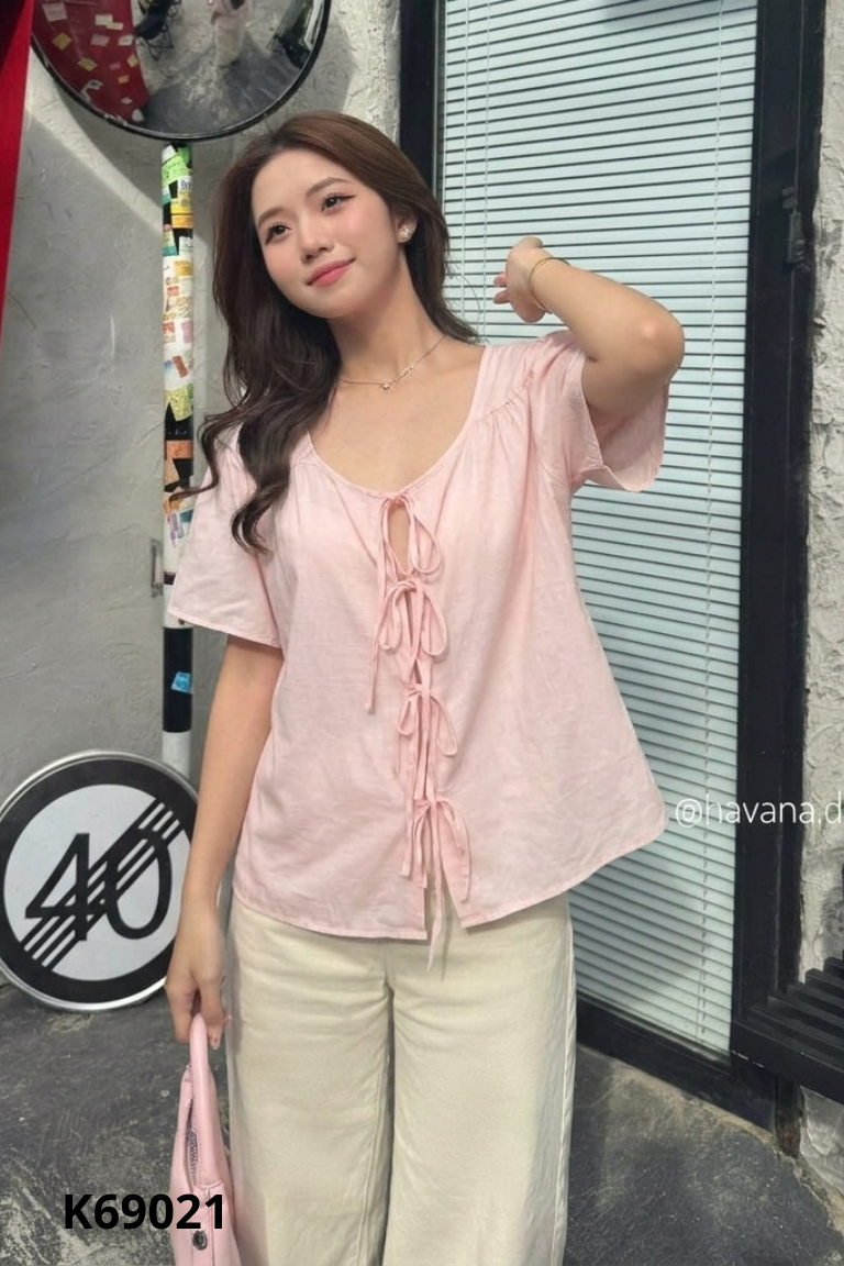 Áo ITEMDUJOUR hồng trơn thắt nơ