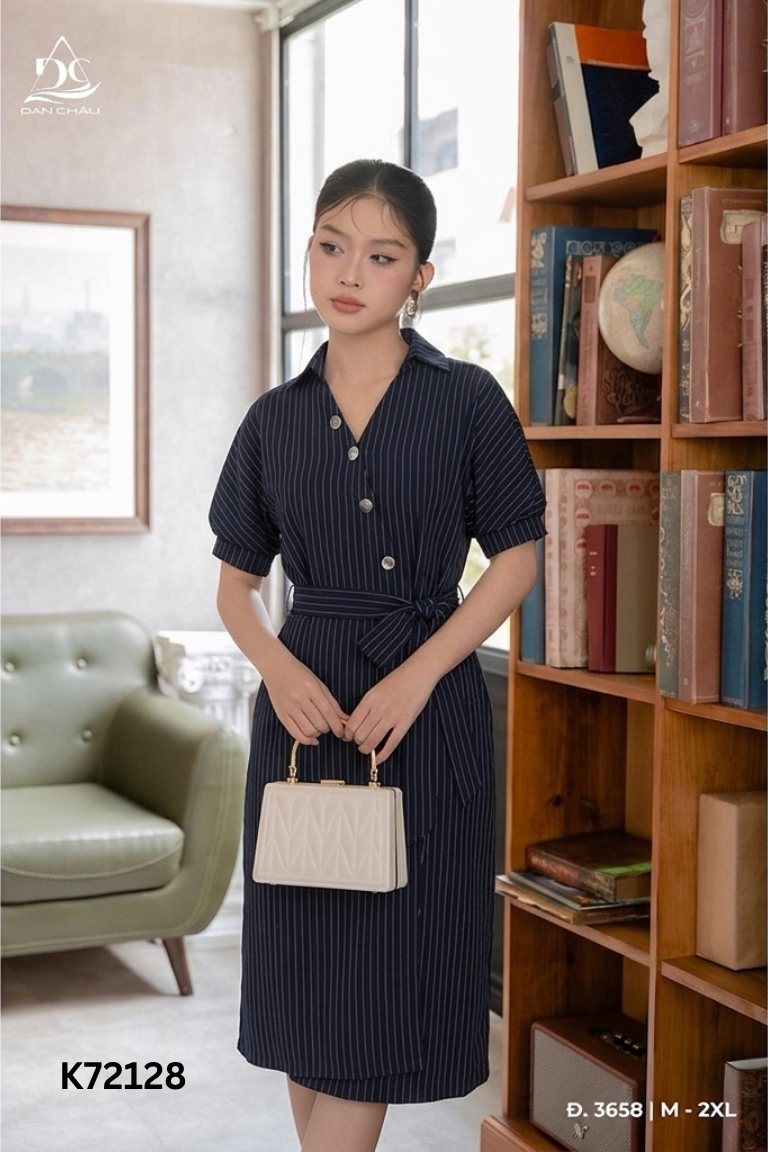 Váy CATI xanh than sọc trắng