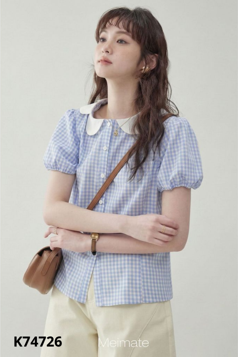 Áo xanh kẻ caro cổ sen