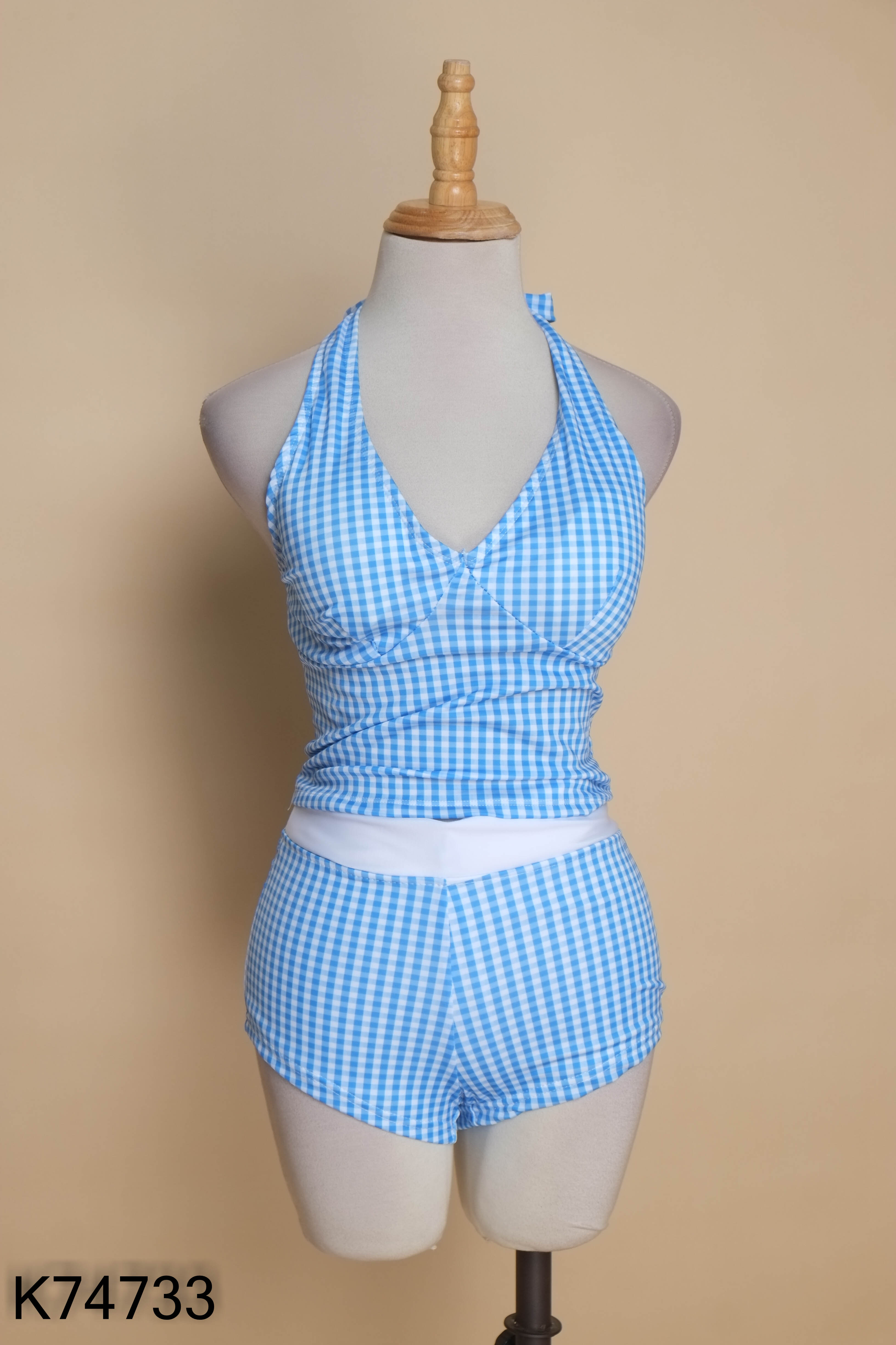 Set bikini xanh trắng caro