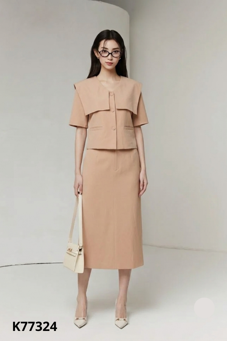 Set CHARM BY TEA nâu áo kiểu + chân váy