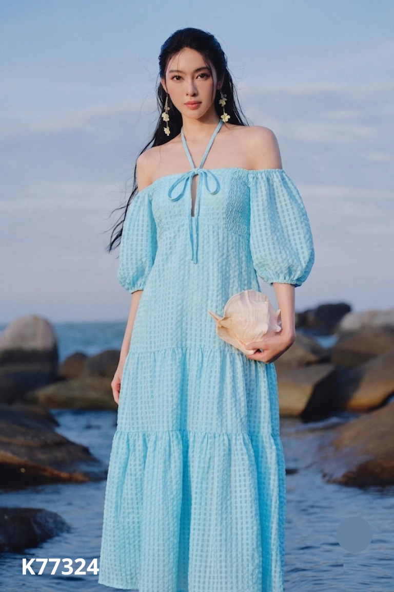 Váy MAYBI xanh ngọc cổ vuông