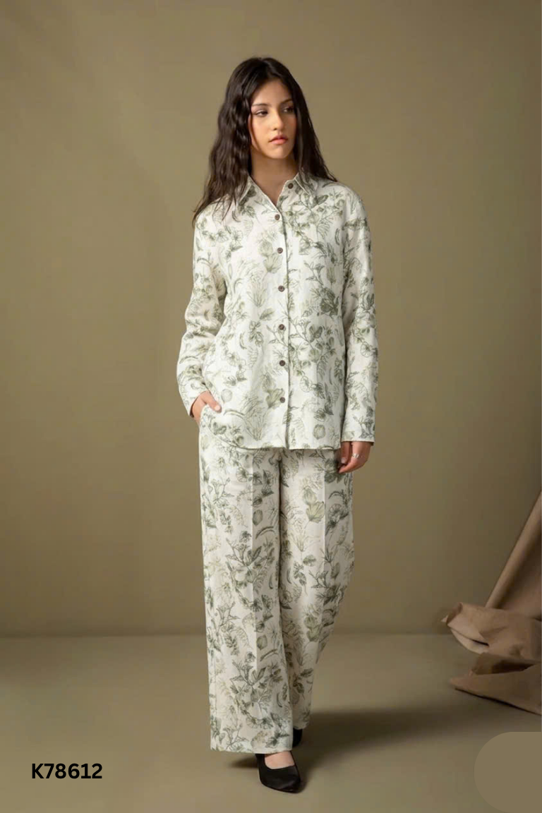 Set Áo sơ mi be họa tiết xanh + quần dài