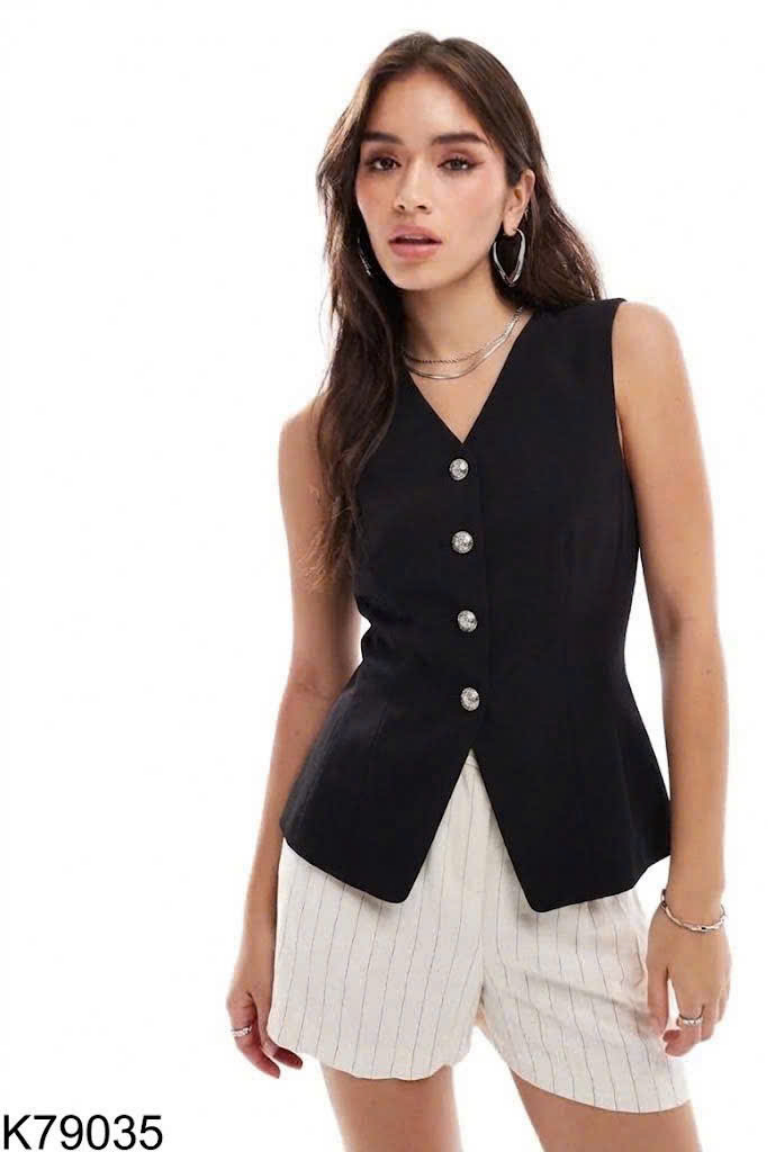 Áo gile đen ZARA cúc bạc (XUẤT)