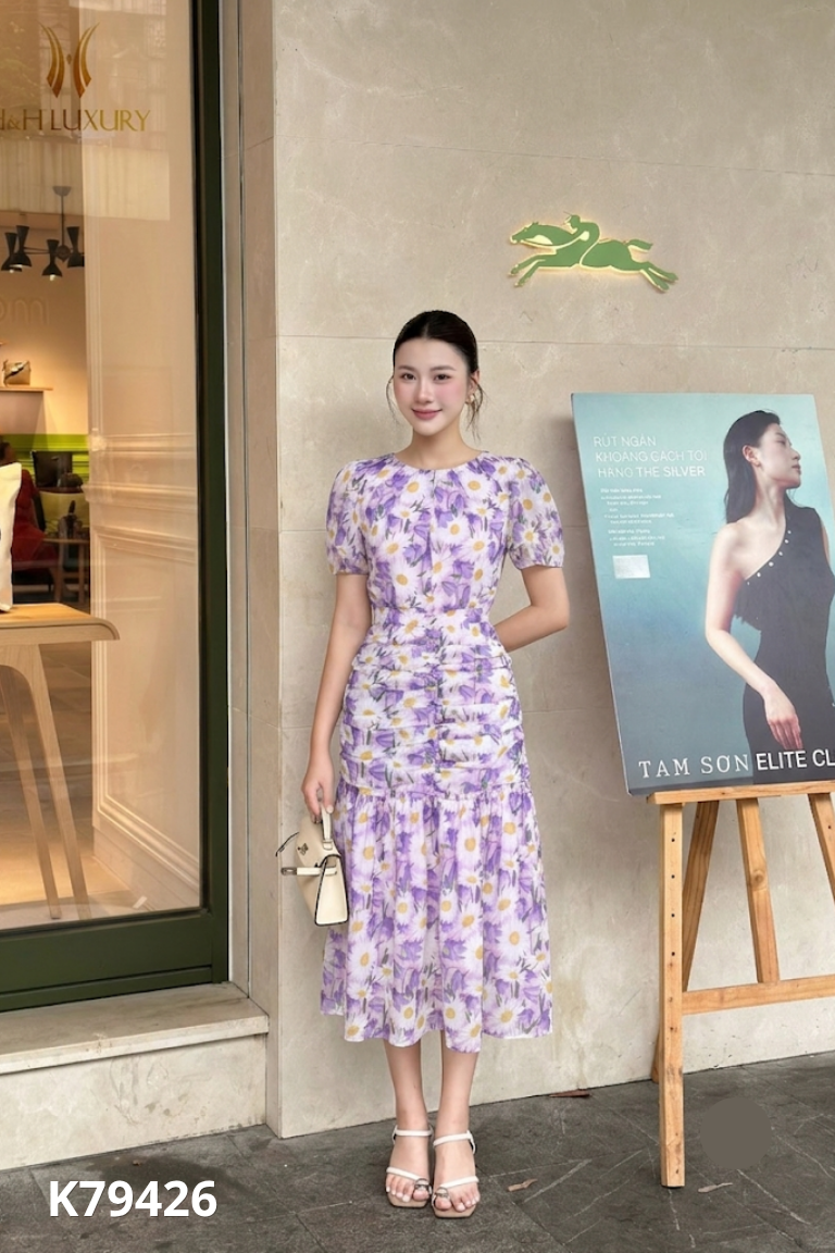 Váy H&H Luxury voan tím họa tiết