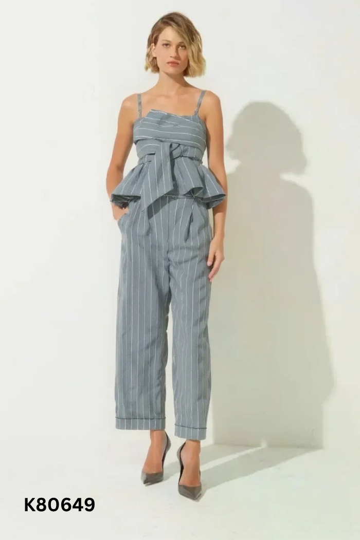 Jumpsuits hai dây kẻ xám
