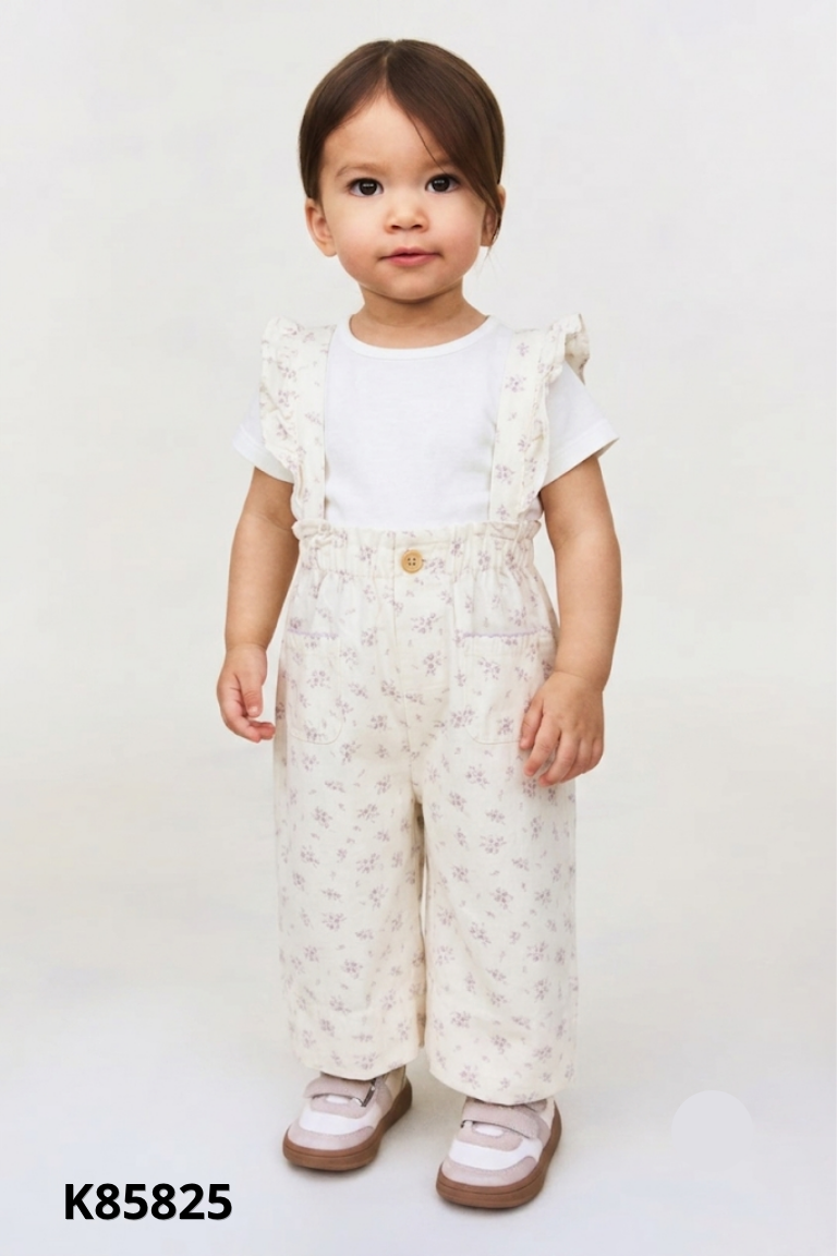 Yếm quần jeans be họa tiết hoa kid
