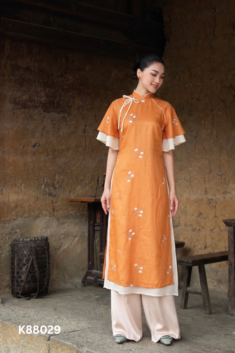 Set áo dài voan cam + quần lụa hồng