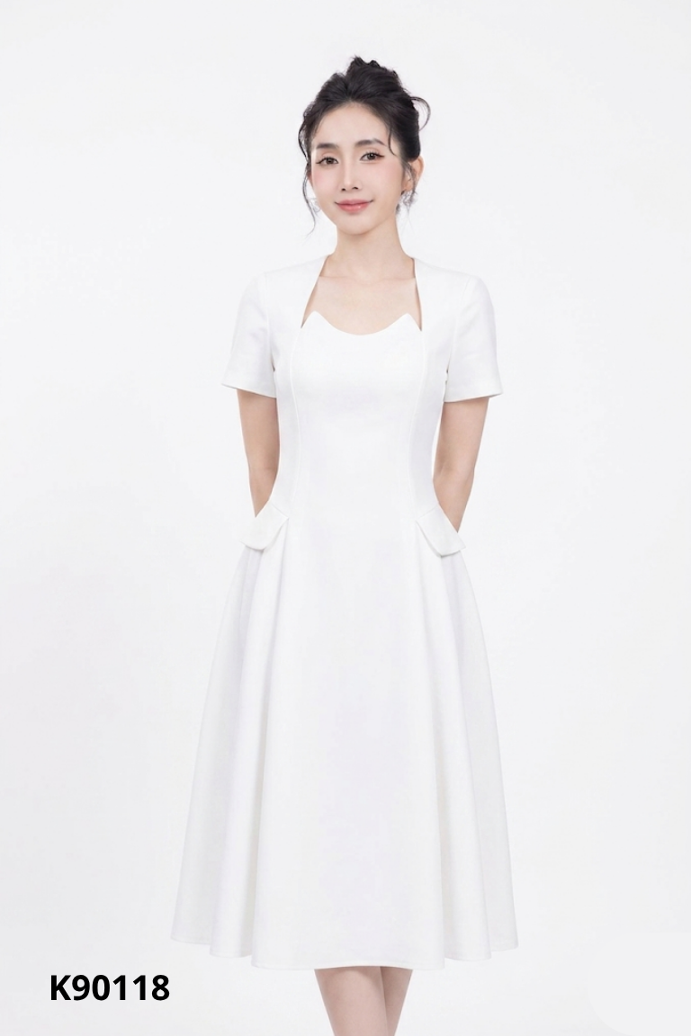 Váy trắng trơn cổ vuông
