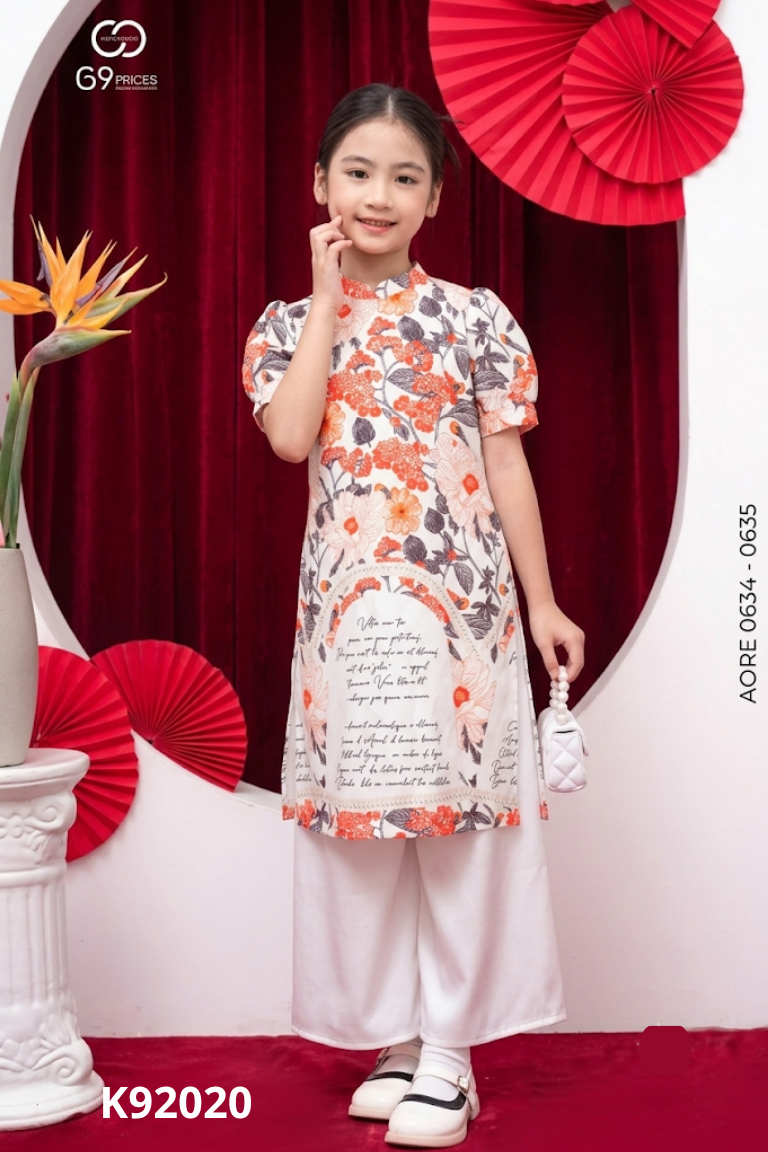 Set G9 áo dài be họa tiết + quần lụa trắng KIDS