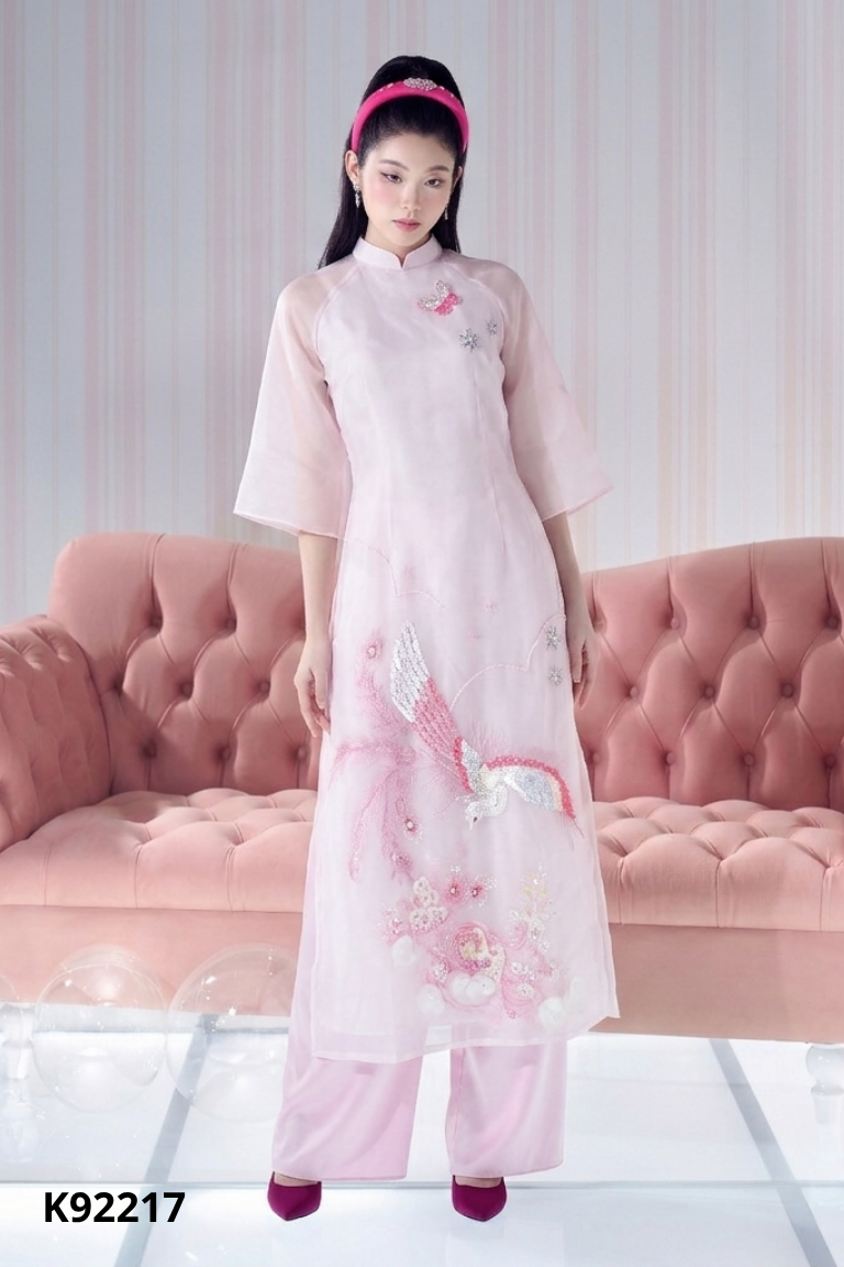 NEWTAG Áo dài voan hồng đính đá