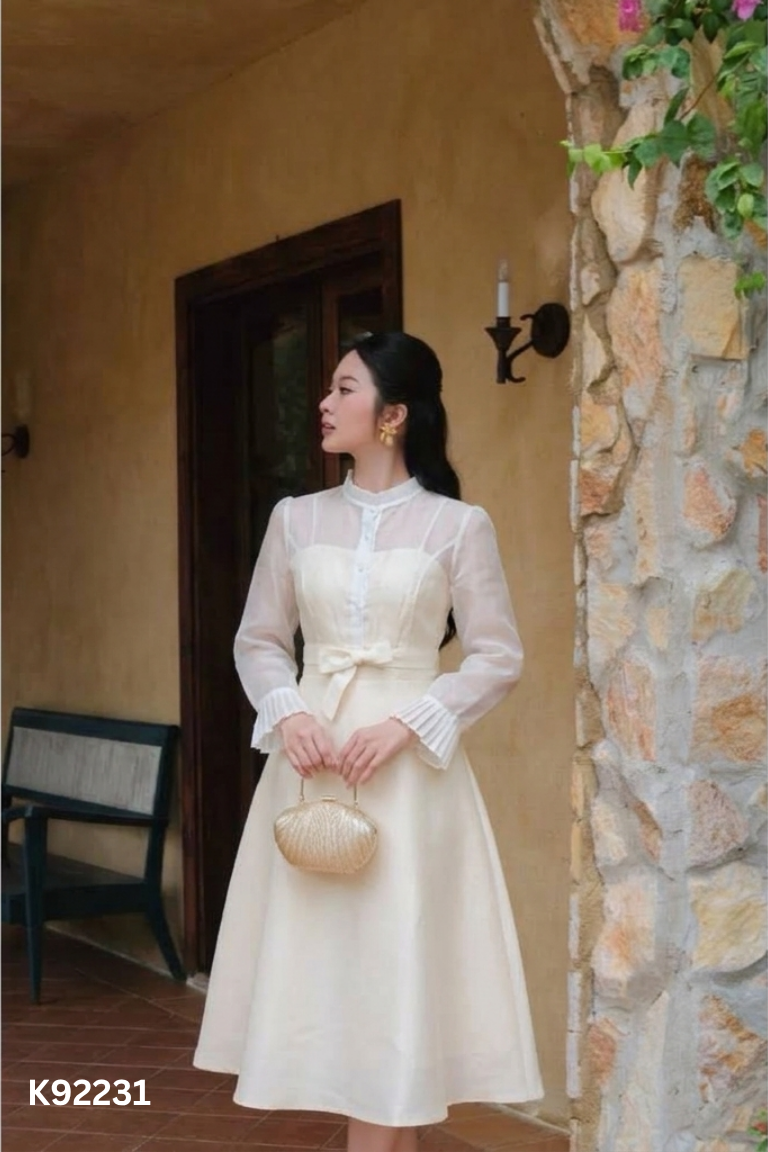 NEWTAG Set DIDO áo voan trắng + váy be hai dây