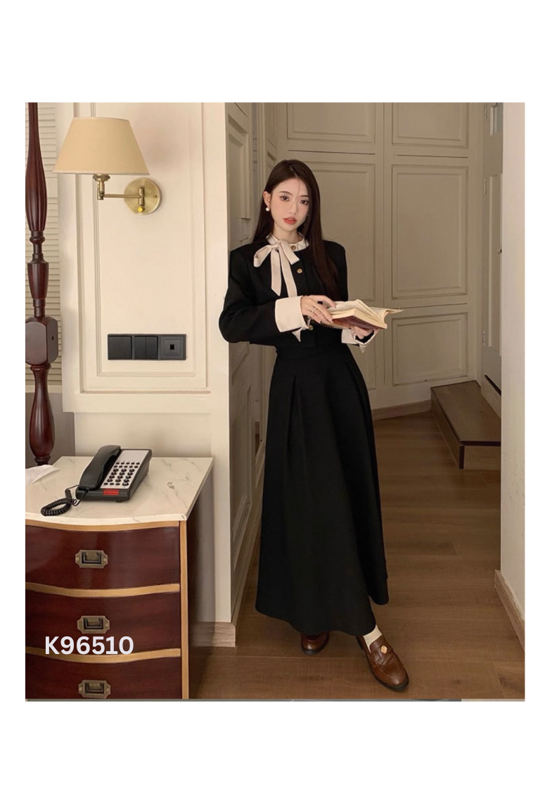 Set áo đen phối nơ + chân váy