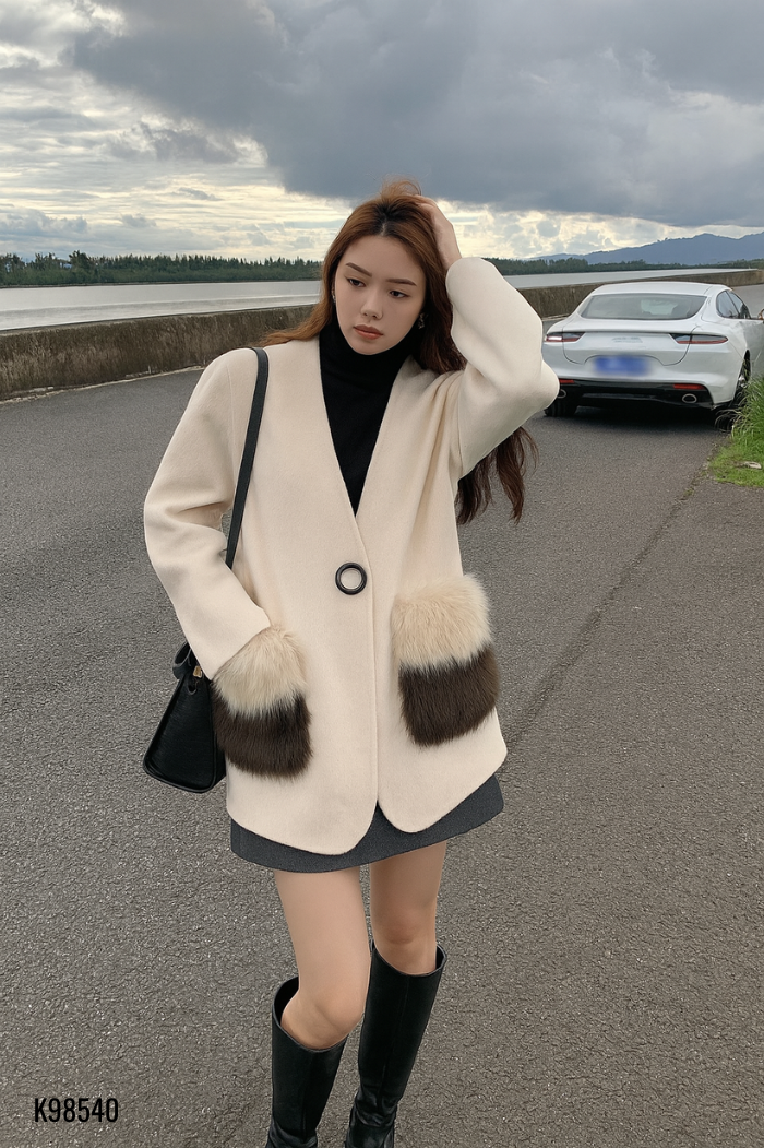 Áo khoác dạ be túi lông