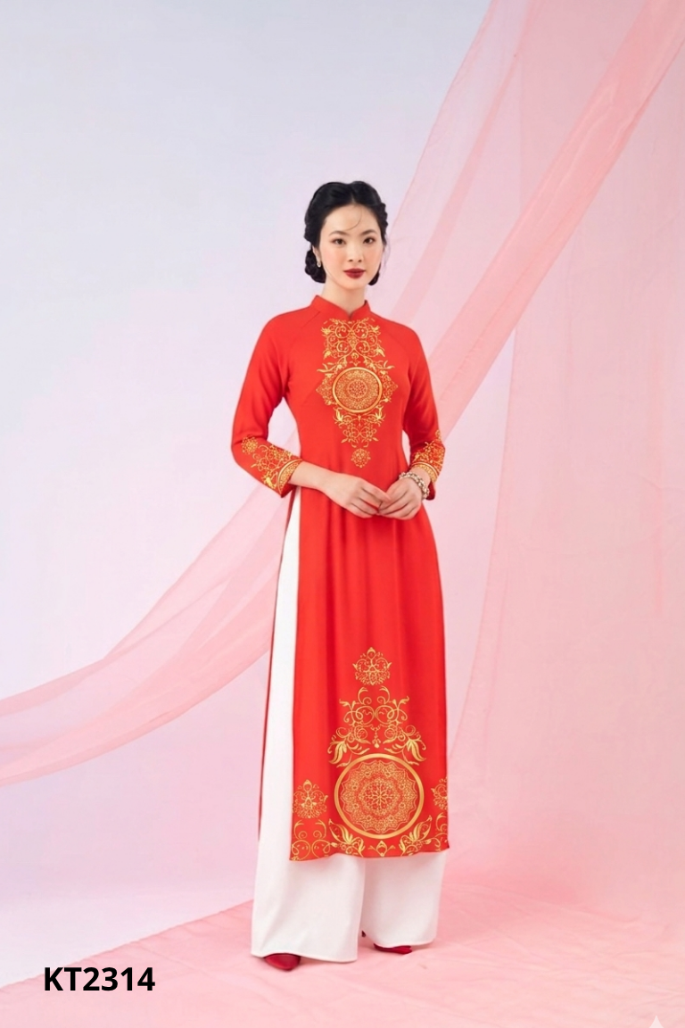 Áo dài đỏ HH LUXURY họa tiết (ko quần)