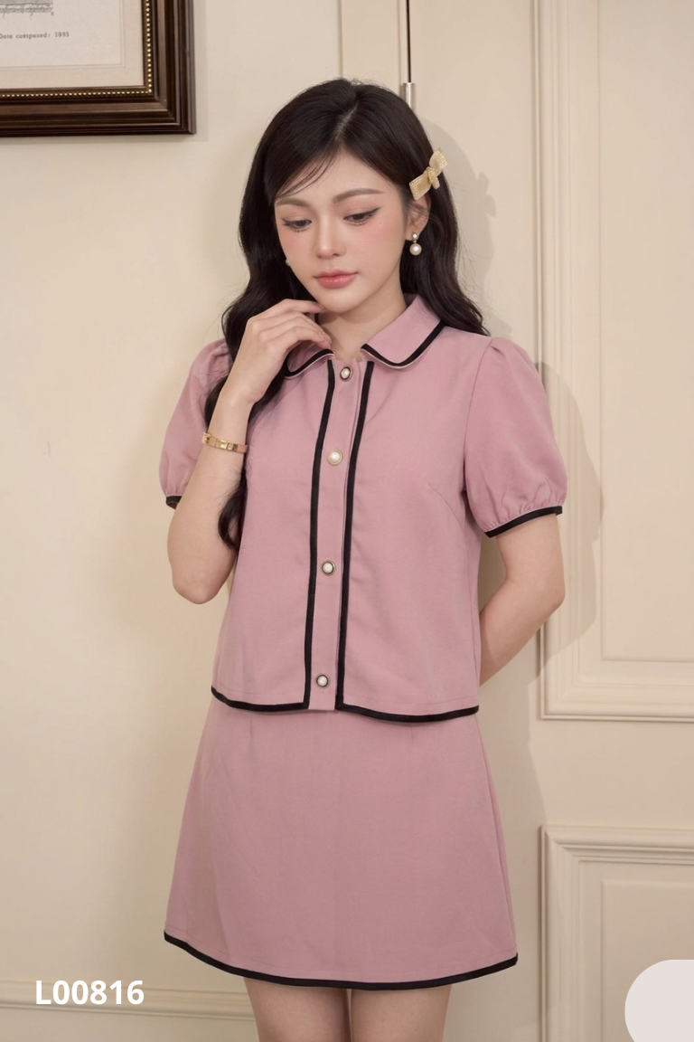 Set Áo hồng MOONCI cúc ngọc + Chân váy