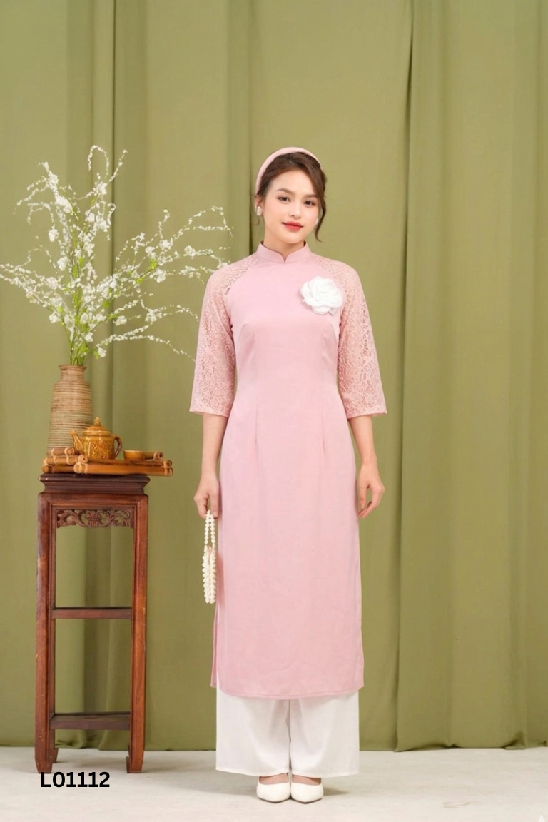 Set áo dài hồng tay lưới + quần trắng