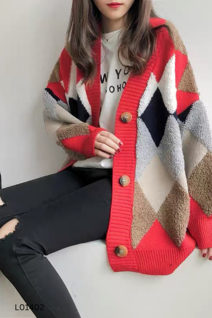 Áo len cardigan đỏ mix màu sắc CACHE