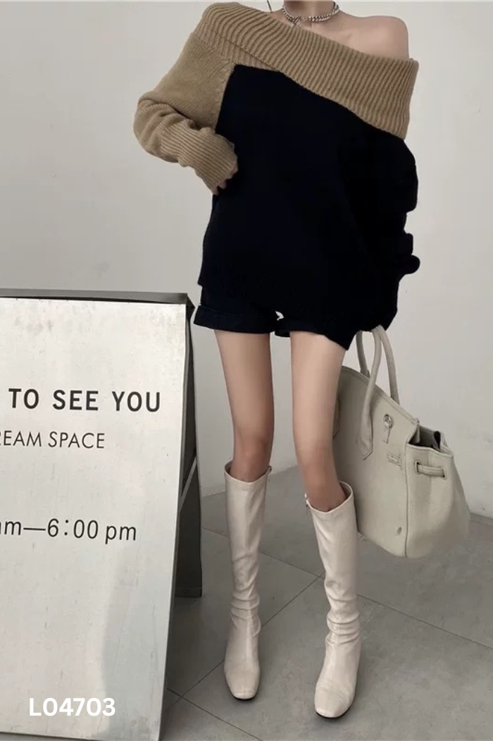 NEWTAG Áo len đen phối nâu