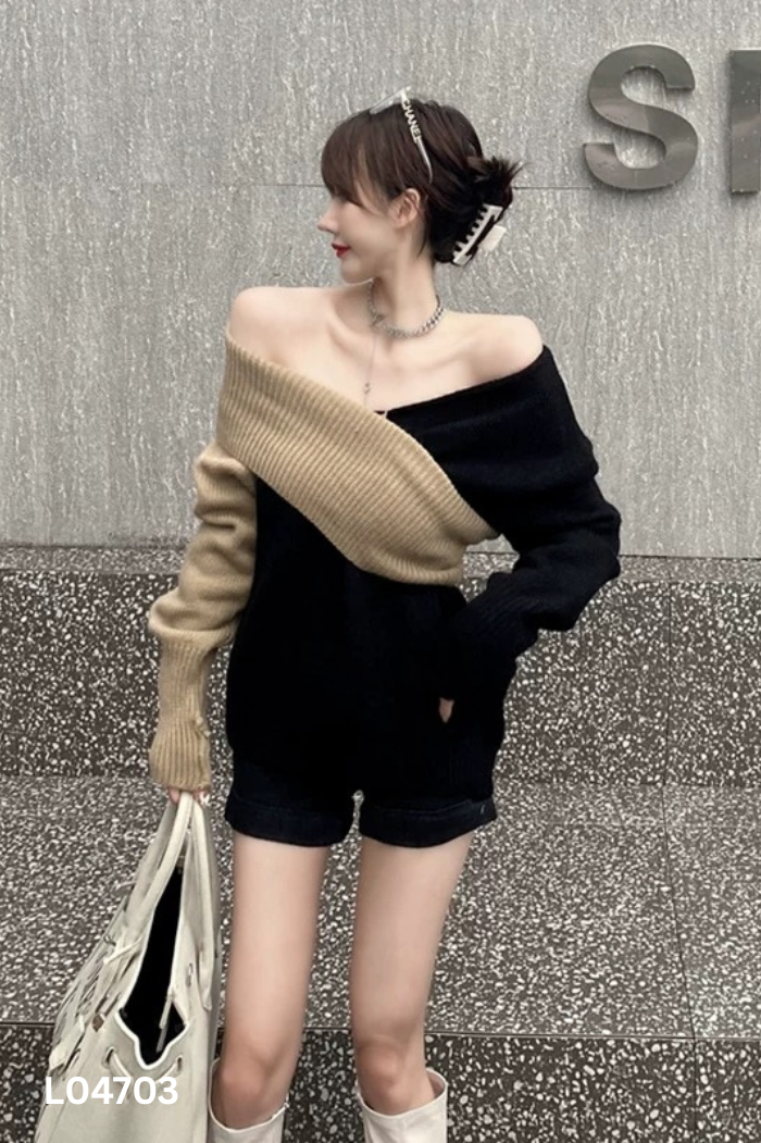 NEWTAG Áo len đen phối nâu