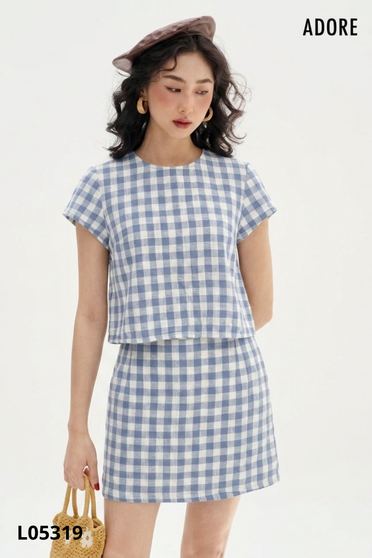 Set ADORE DRESS áo + chân váy xanh caro